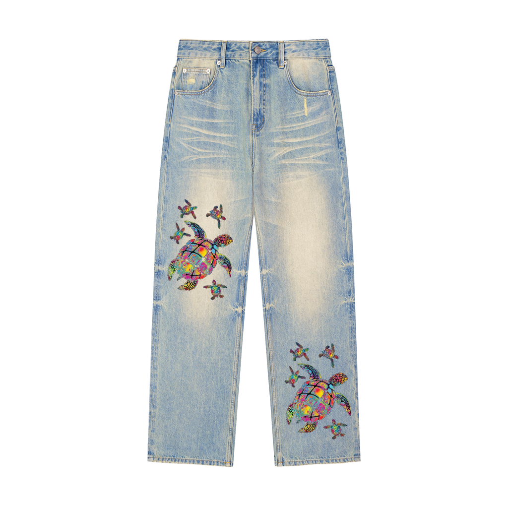 Sun Fade Raw Hem Denim Jeans