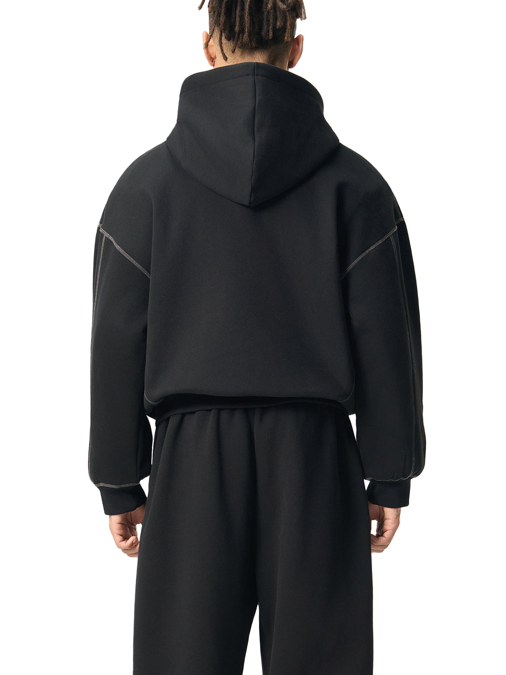 Contrast-Stitched Boxy Fleece Hoodie